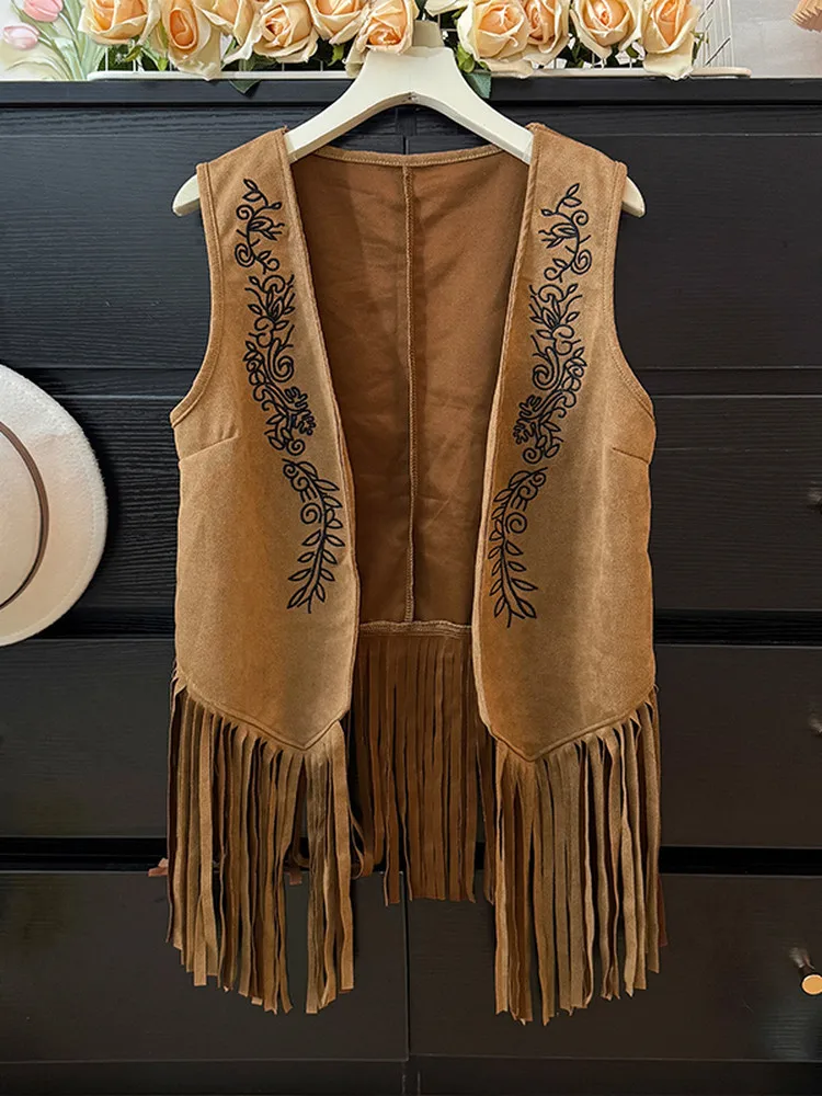 Ethnic Style Retro Suede Vest Personalized Flower Embroidery Tassel Top Women Sleeveless Camisole Cardigan Jacket for Travel