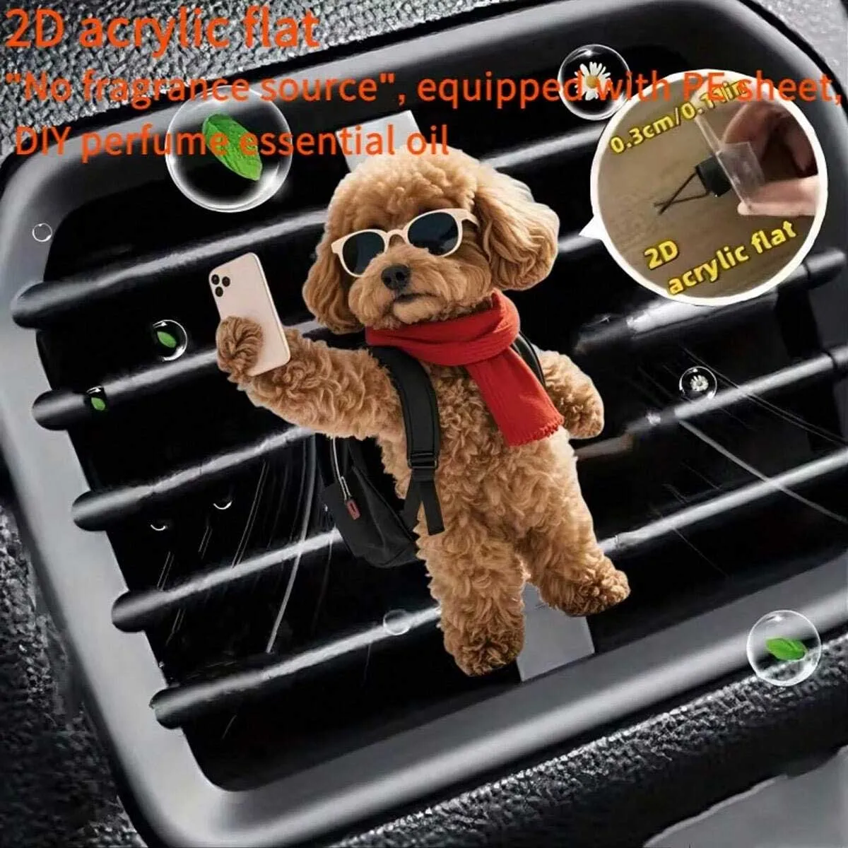 2D Flat Selfie Teddy Dog Pattern Car Air Outlet Decorative Clip, 1 Pack, Car Air Freshener, Fragrance Diffuser, Car Accessories