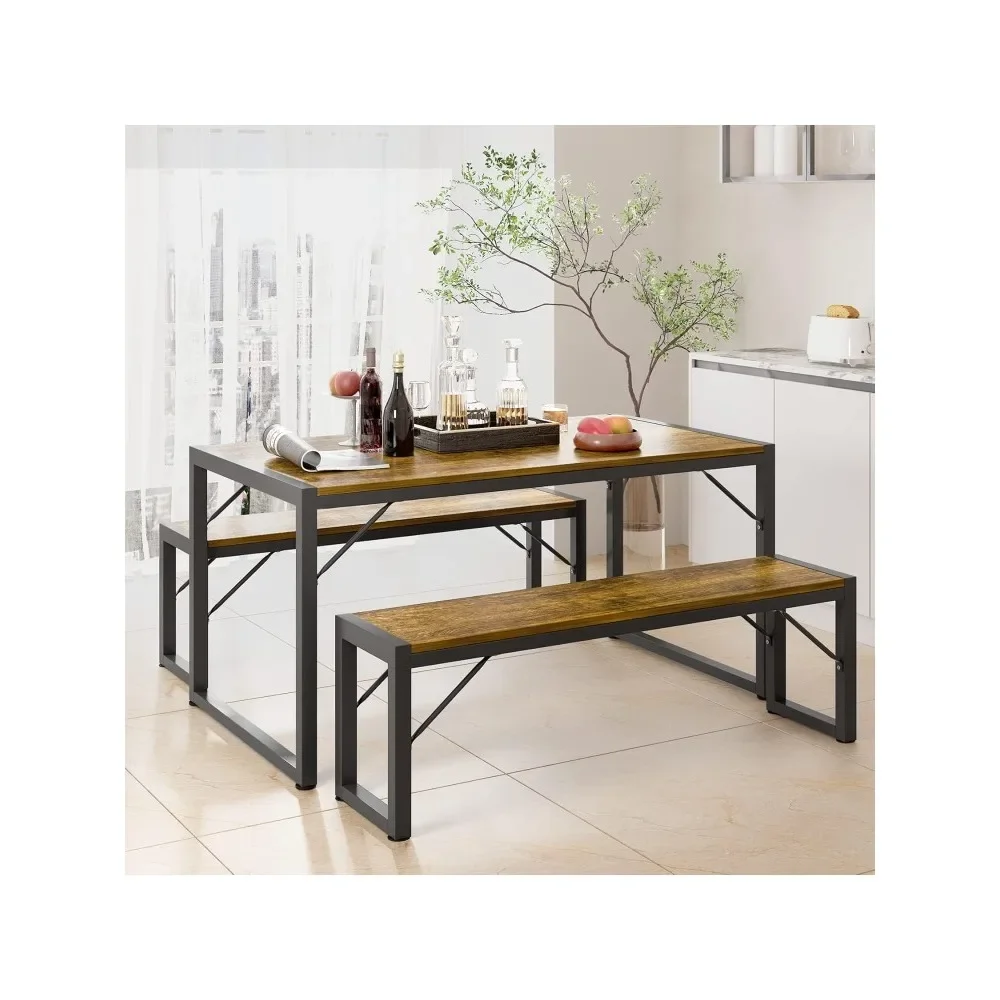 

Dining Table Set for 4, Kitchen Table Set with 2 Benches, Dining Room Table Set with Metal Frame & MDF Board, Space-Saving