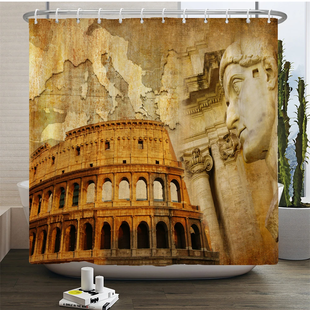 Retro Nostalgic landscape Bathroom Curtain Ancient Roman Colosseum Shower Curtains Set Bath Mats  Toilet Cover Anti-slip Rugs