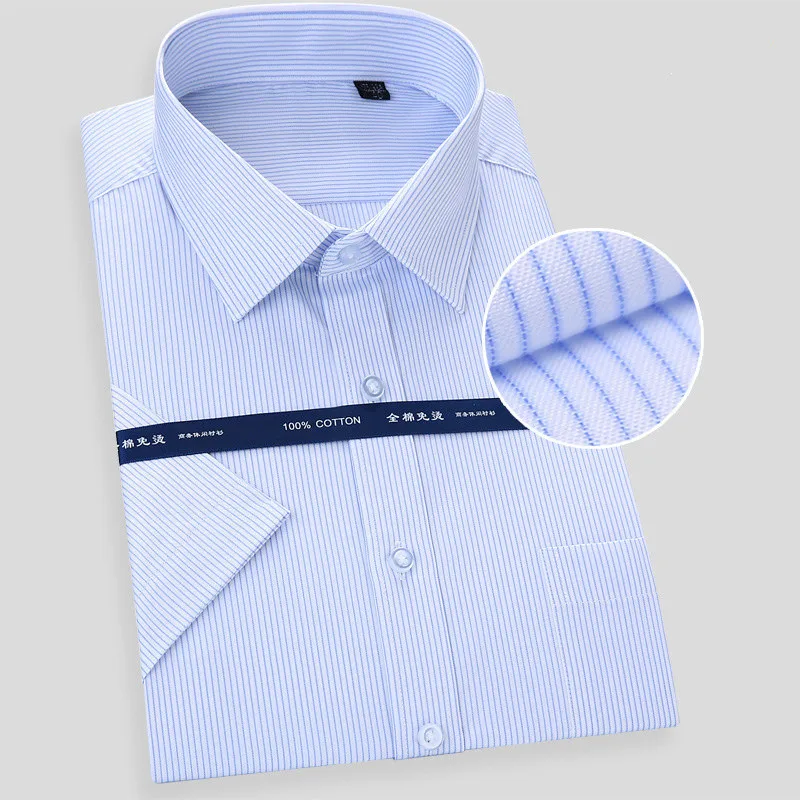 Camisa de vestir de manga corta sin planchado para hombre, ropa de negocios de ajuste Regular, color blanco y azul, alta calidad, verano, nueva, 8XL