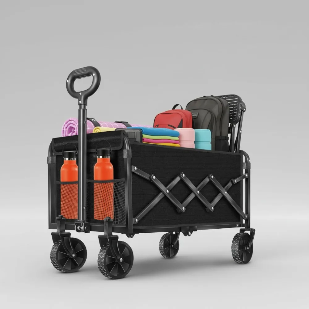 

Foldable Wagon Cart with Wheels, Lightweight Portable All Terrain Utility Cart for Beach Camping Sports Garden