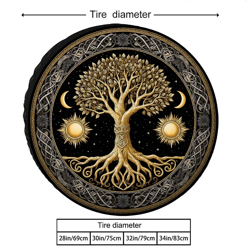 Polyester Tire Cover - Tree Of Life Golden Tree With Sun And Moon Decoration, Silvery-Golden Celtic Knot Pattern, Black Backgrou