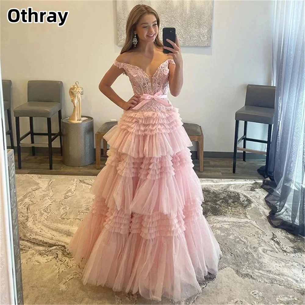 

Othray Lace Appliques Sash Tiered A-line Evening Ruffled Off Shoulder Floor Length vestidos de fiesta Sleeveless Prom Dresses