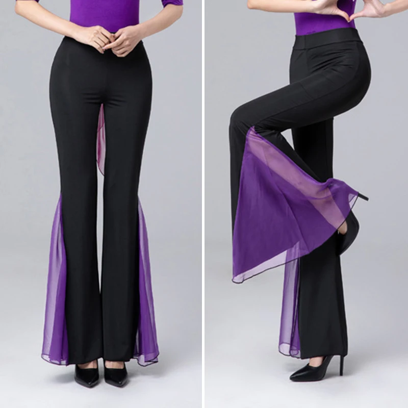 Women Elegant Wide Leg Trousers Elegant Flared Pants Latin Ballroom Belly Dance Pants Practice Pole Dance Performance Costume