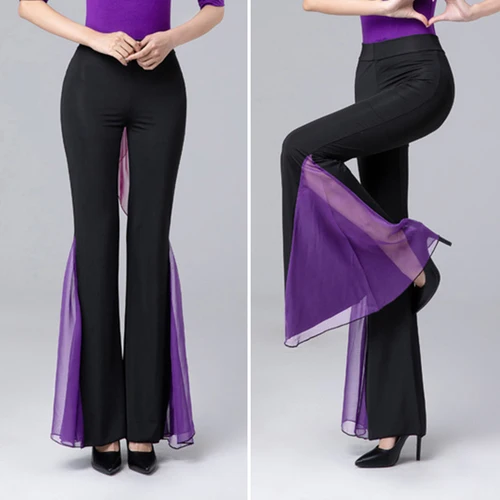 Pantalones elegantes de pierna ancha para mujer, pantalones acampanados elegantes, pantalones de danza del vientre de salón latino, traje de práctica de baile en barra