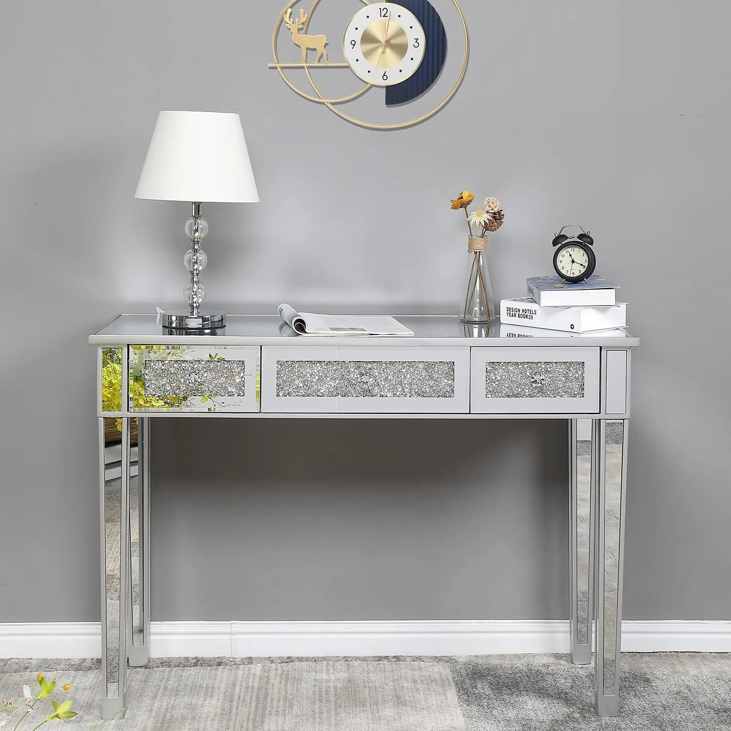 Mirrored Desk with 3 Drawers Silver Console Table Mirror Sofa Table with Crystal Inlay Front for Room, Entryway, Foyer, 42 Inch