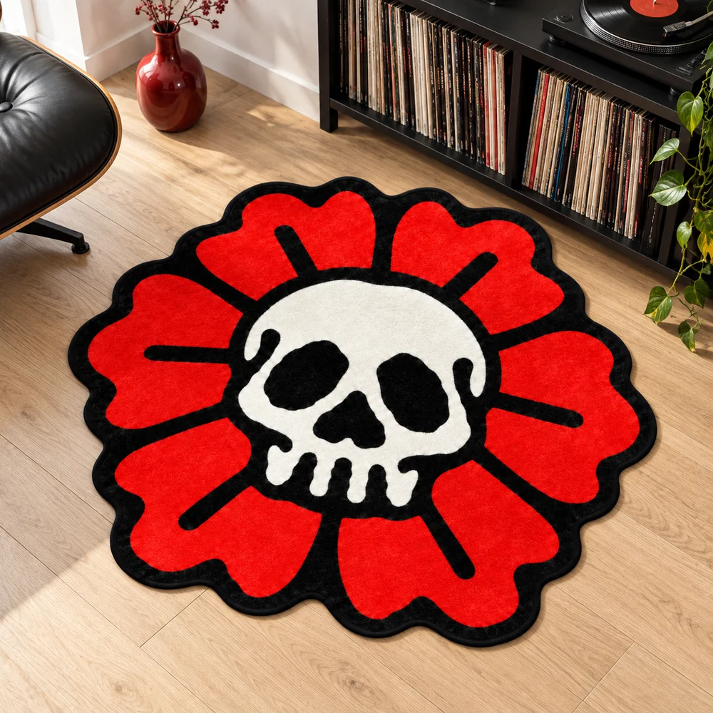 Skull Flower Shaped Area Rug, Bright Red Floral Irregular Flannel Floor Mat for Living Room Bedroom Entryway Home Decor Gift