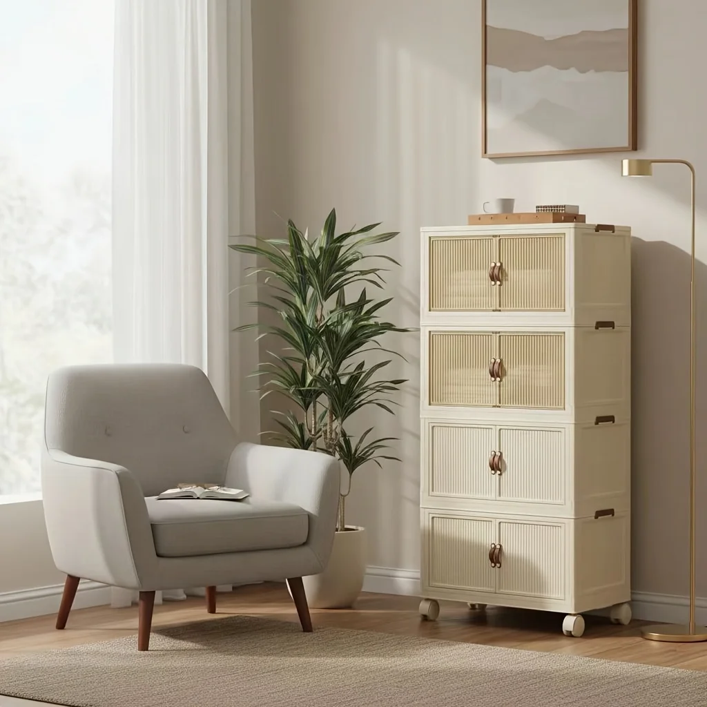 Stackable Storage Cabinet - Foldable Wardrobe Organizer with Wheels & Double Doors, Large Dustproof Closets for Bedroom/Closet/L