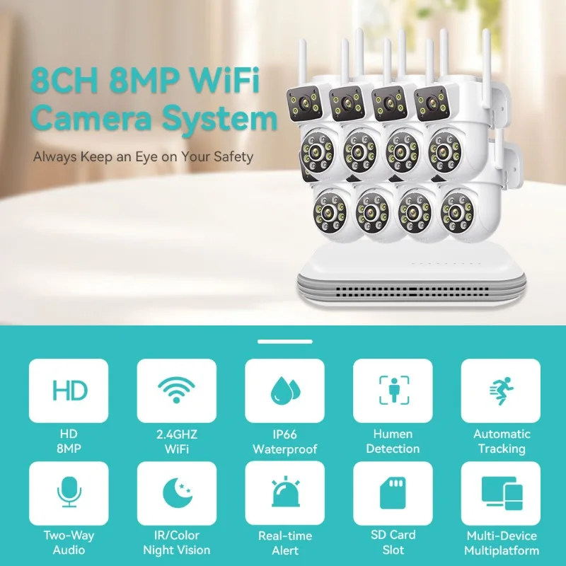 8MP 4K Wireless CCTV System Two Way Audio IP66 Waterproof PTZ WiFi Security IP Camera 8CH NVR P2P Surveillance Kit iCSee App