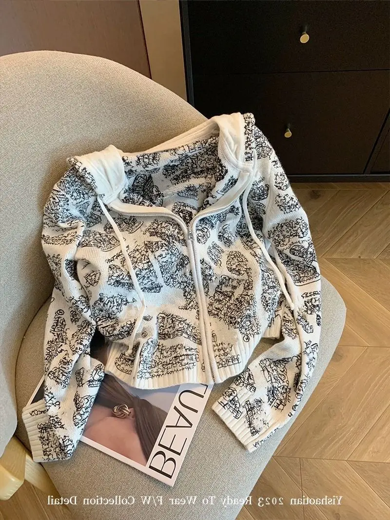 Embroidered patterned hooded knitted cardigan for women's autumn casual sweater coat