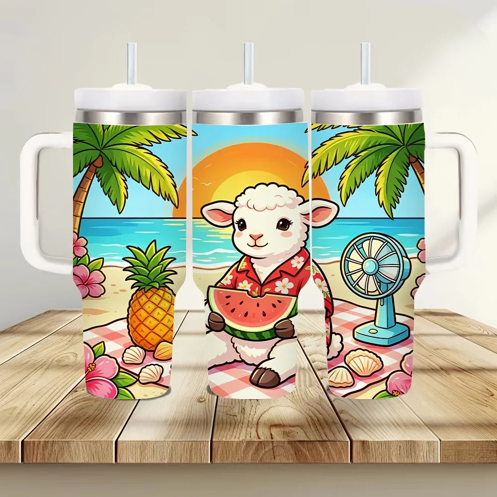 Cute Sheep Summer Beach Vacation Print 40Oz Insulated Tumbler with Handle, Suitable for Men And Women, Ideal for Outdoor Picnic Travel And Daily Use, It Keeps Both Hot And Cold Drinks at Ideal Temperature for Long Time