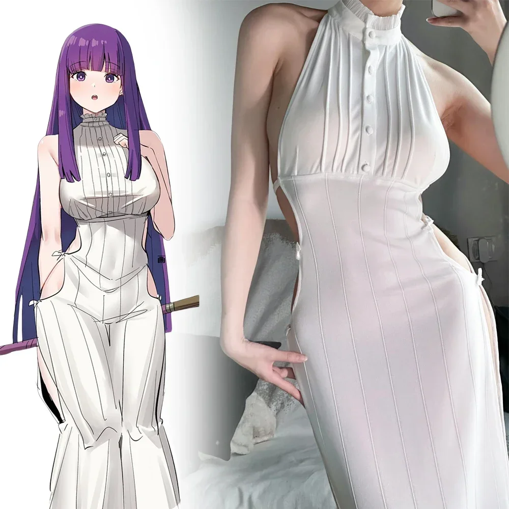 Anime Frieren: Beyond Journey's End Fern Cosplay Costume Women Sexy White Knit Elastic Dress Frieren at the Funeral Halloween