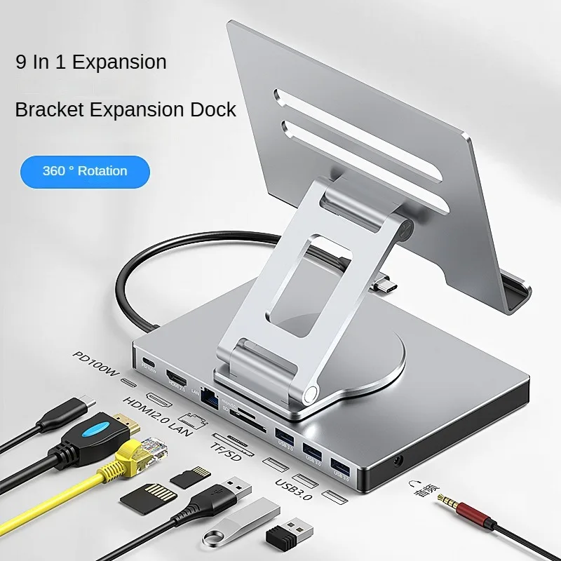 Usb C Hub Rotating Bracket Docking Station With HDMI 4K 60H PD 100W Audio RJ45 1000M/S For Mobile Phones Tablets Laptop Stand