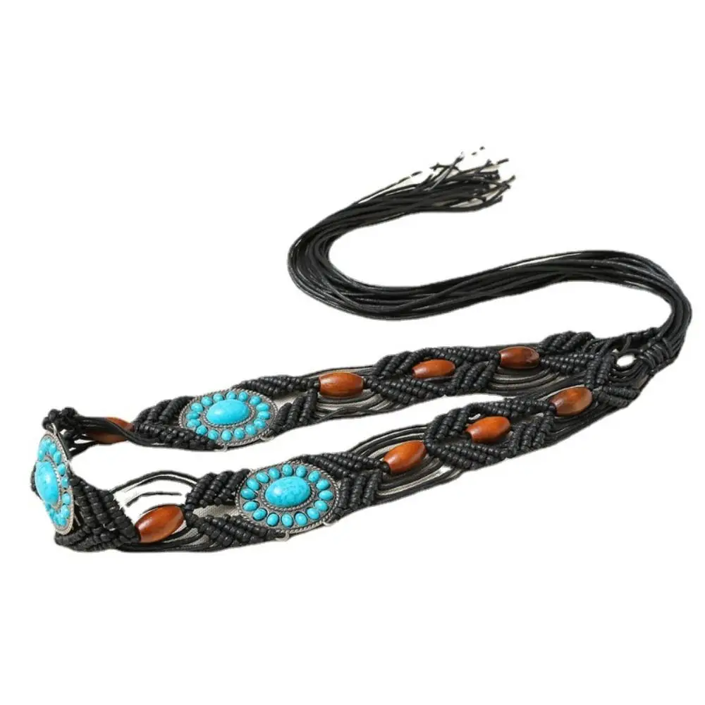 

Unique Simple Dress Accessories Turquoise Wooden Bead Wide Belts Ethnic Style Belts Woven Belt Women Waist Chain Bohemian