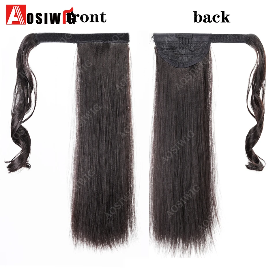 AOSI 16 Inch Wrap Around Synthetic Black Long Straight Ponytail Hair Extensions For Women Heat Resistant Hairpiece