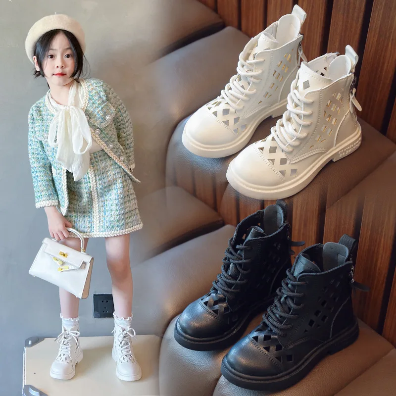 Botas Girl Casual Shoe Summer Thin Hollow PU Mesh Boot New Child Versatile Zip Black Hoof Heel Short Boot Bota Infantil Menina