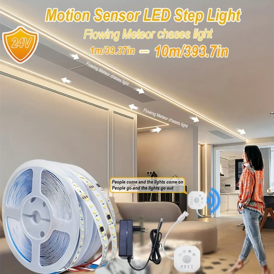 1m/39.37in-10m/393.7in LED Motion Sensor Strip Light LED Flex Strip, Meteor, Marquee with DC24V plug, White/Warm White Suitable