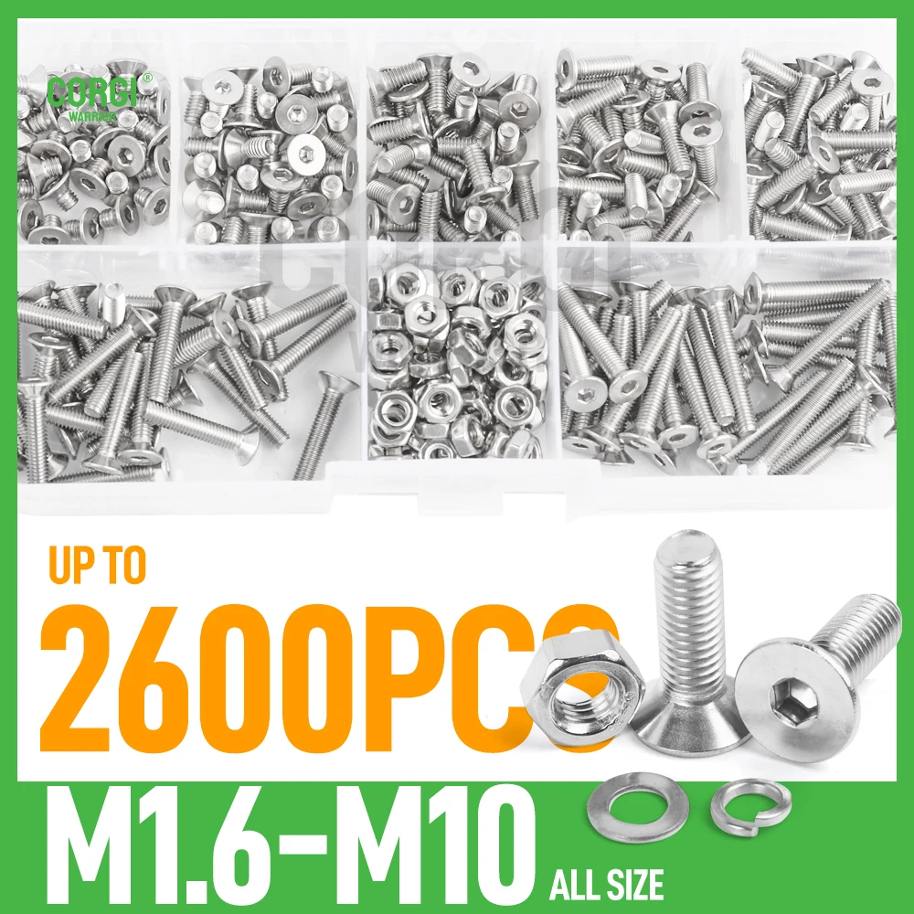 M1.6 M2 M2.5 M3 M4 M5 M6 M8 M10 Flat Head Socket Cap Screws Countersunk Bolts Kit Stainless Steel Metric Hex Socket Screws 2600