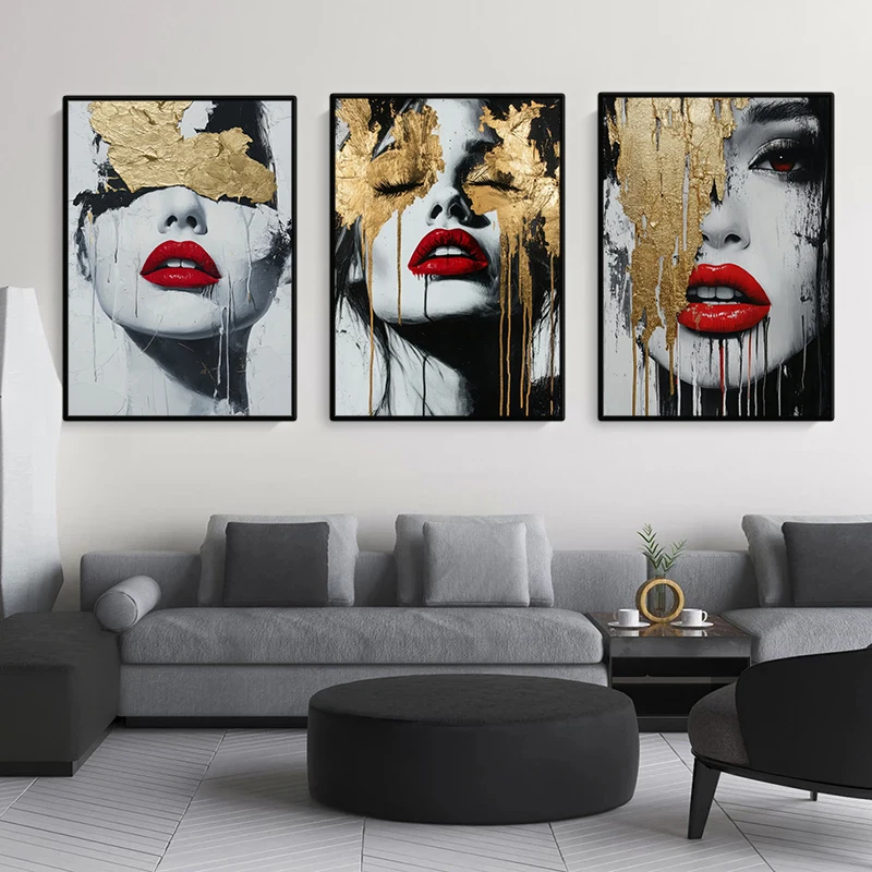 Fashion Golden Abstract Portrait Red Lips Poster Modern Sexy Woman Canvas Painting Wall Art for Living Room Home Decor Mural