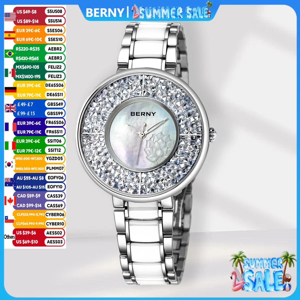 

BERNY Luxury Watch for Women 40mm Elegant Multicolor Dial Ladies Quartz Watches Exquisite Crystal Waterproof Woman Wristwatch