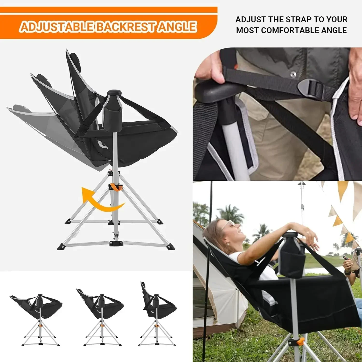 Customizable Hammock Camping Chair, Aluminum Alloy Adjustable Back Swinging Chair, Folding Rocking Chair With Pillow Cup Holder,