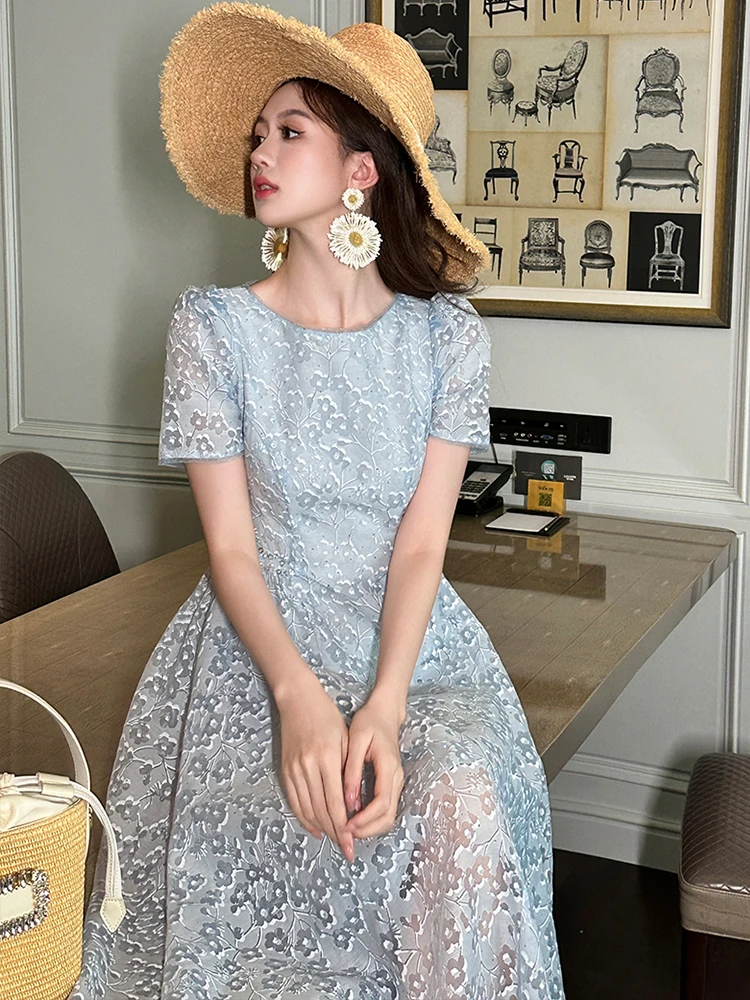 Vestiti delle donne Dolce Blu Stampa floreale O-Collo Sottile A-Line Abito lungo Elegante Lady Fashion Party Compleanno Vestido Robe Boho Summer