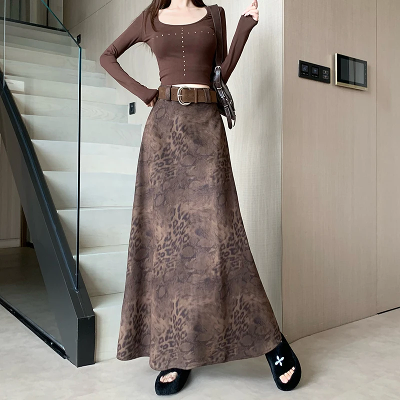 Ele High Waist Coffee Color Printed f Skirt Women's Faion Long Midi Skirt Autumn Winter New Design Slimming Effect