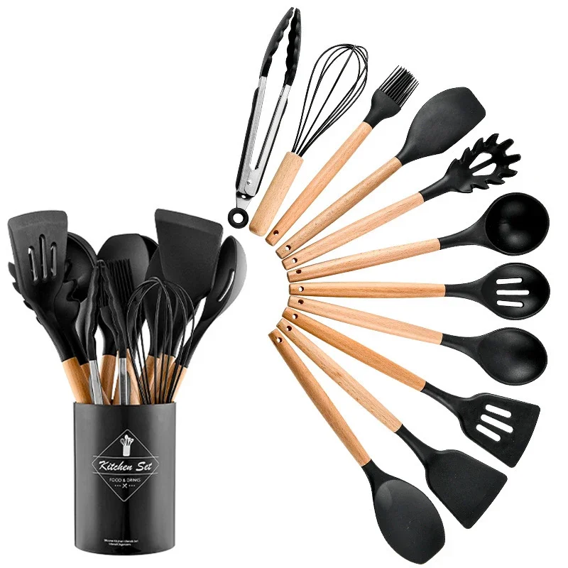 12PCS Silikon Geschirr Nicht-Stick Kochgeschirr Küche Utensilien Set Spachtel Schaufel Schneebesen Holzgriff Kochen Werkzeug Set