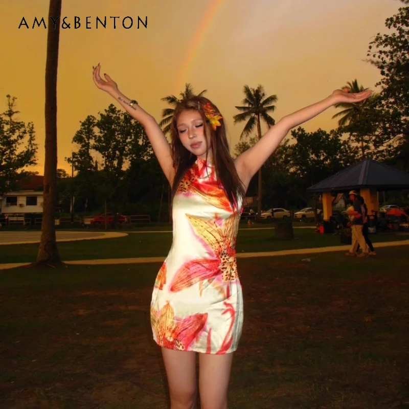 

French Retro Orange Floral Halter Women's Sling Dress European American Backless Sexy Beach Vacation Hot Girl Dresses Ladies