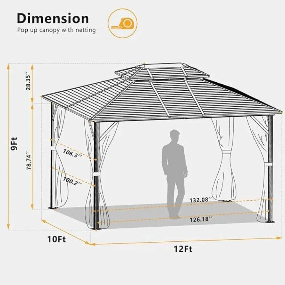 Hardtop Gazebo,Outdoor Galvanized Gazebo with Mosquite Netting, Double Metal Roof for Lawn and Garden