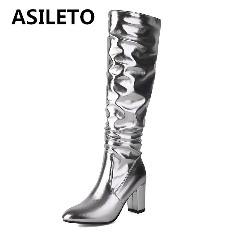 

ASILETO 2024 New Fashion Female Knee High Boots Round Toe Chunky Heels 10cm Zipper Pleated Large Size 45 46 Party Dating Bota