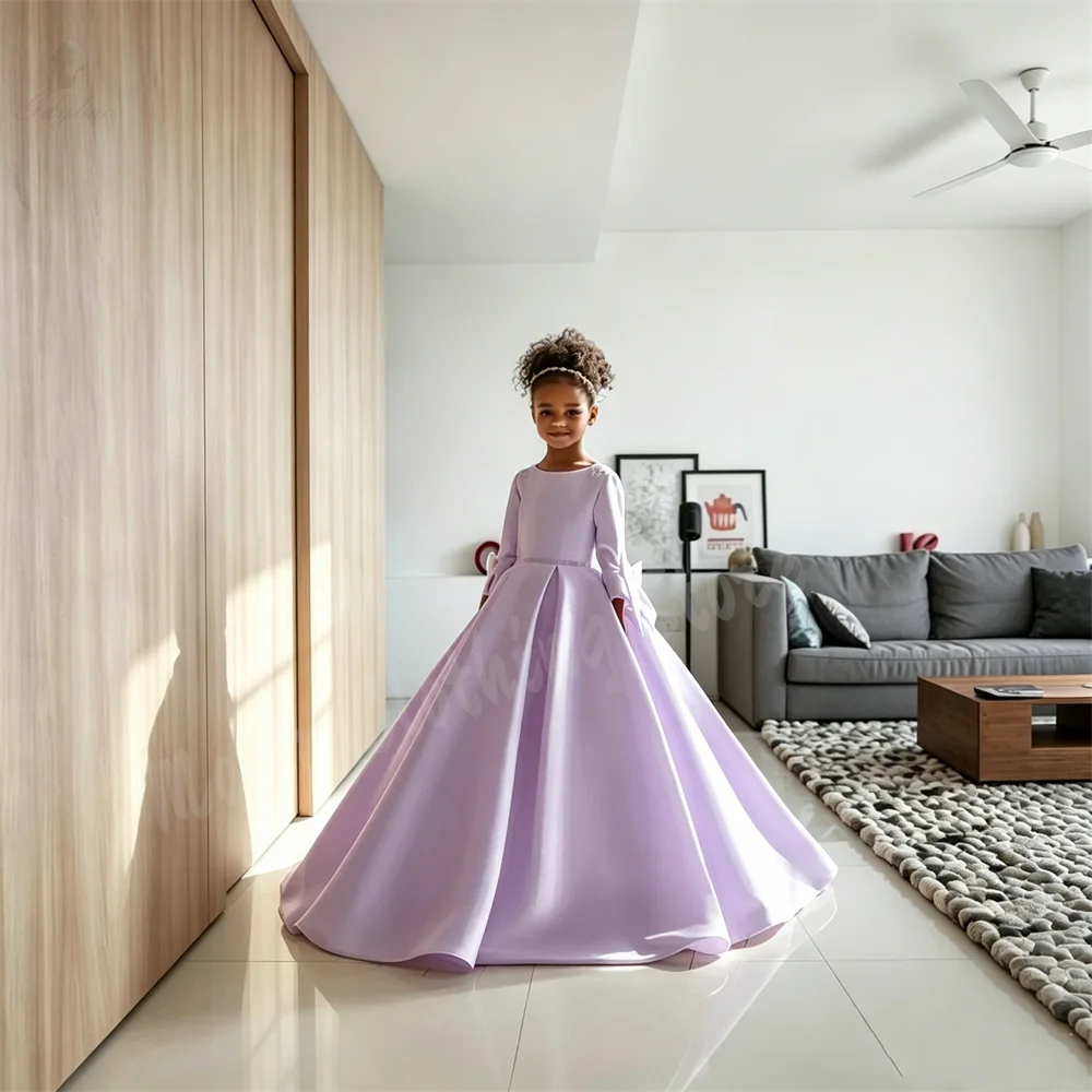 Customized Fluffy Satin Flower Girl Dress for Wedding Bow Tailing Kids Birthday First Communion Ball Bridesmaid Gown