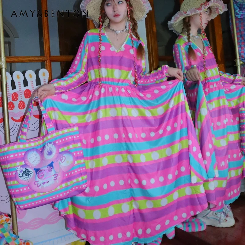 

Original Design Rainbow Circle Sugar Colorful Women's Dress 2026 Summer Japanese Cute Sweet Stripes Loose Thin Dresses Ladies