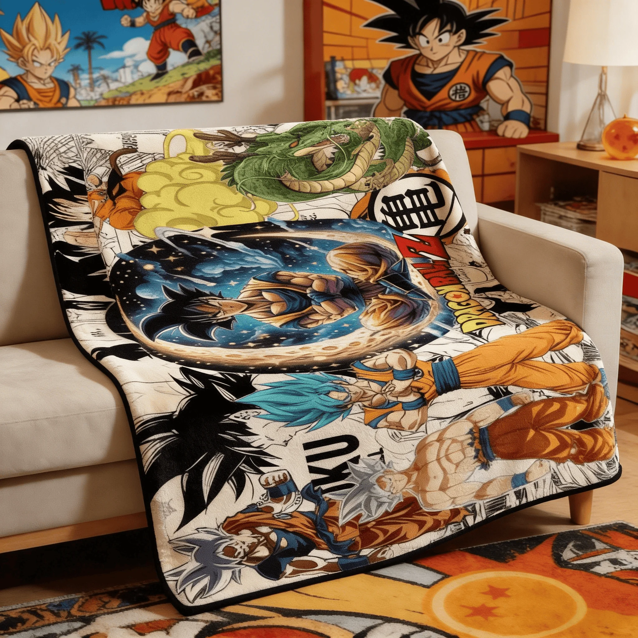 Dragon Ball Goku Shenron Fleece-Decke, 3D-gedruckte, weiche, warme Flanelldecke für Bett, Sofa, Wohnzimmer, Reisen, Camping, Picknick