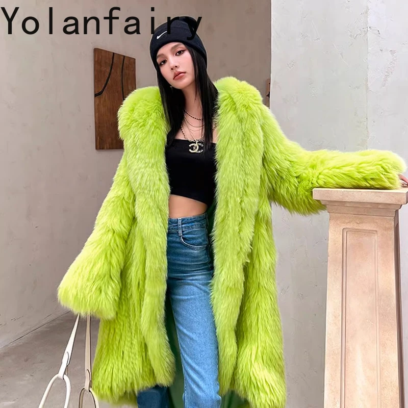 

YOLANFAIRY осенне-зимняя импортная шуба из лисьего меха, утепленная тканая женская куртка с капюшоном, теплая шуба женская 2025
