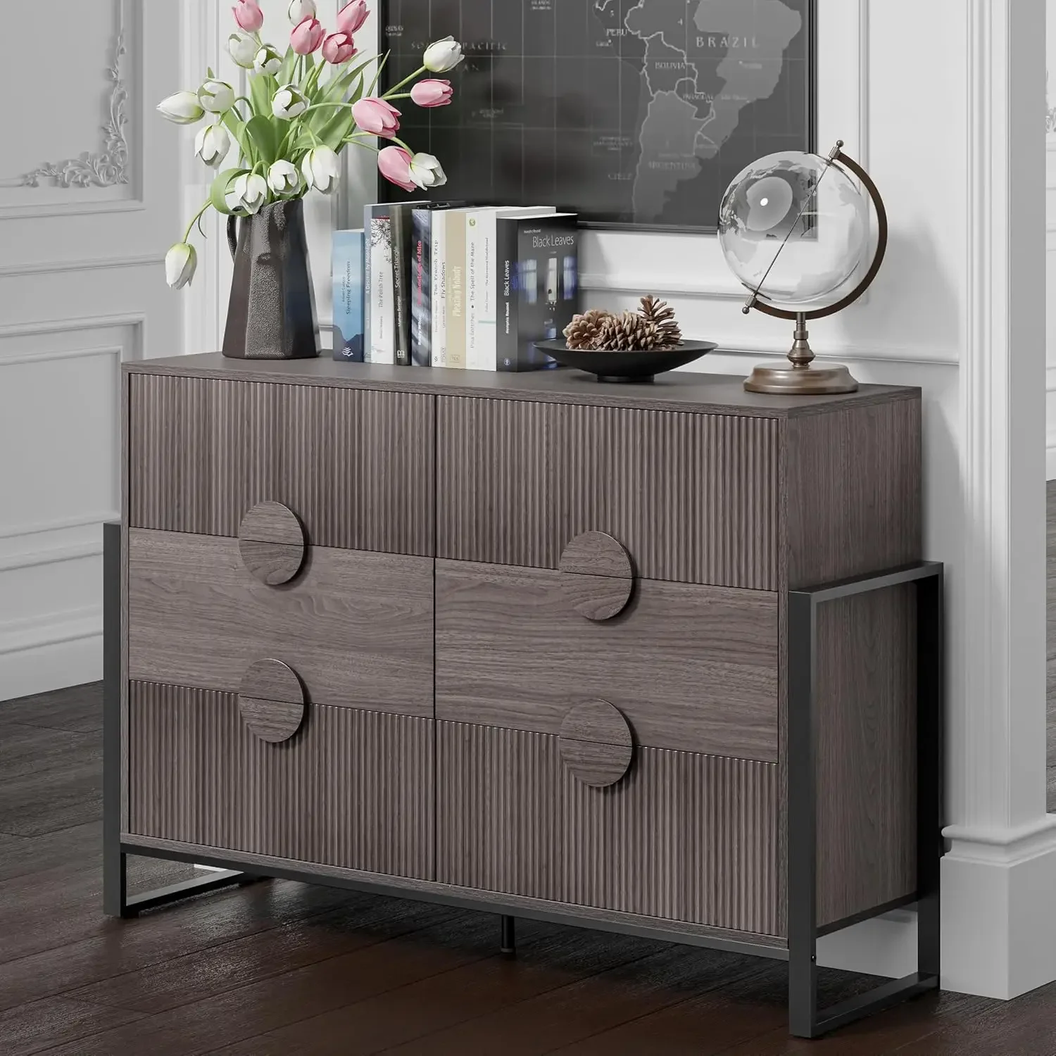 Caneladas Dresser com alças redondas, Quinta peito de madeira de gavetas, Moderno e Accent armário de armazenamento para sala de estar, 6 gavetas