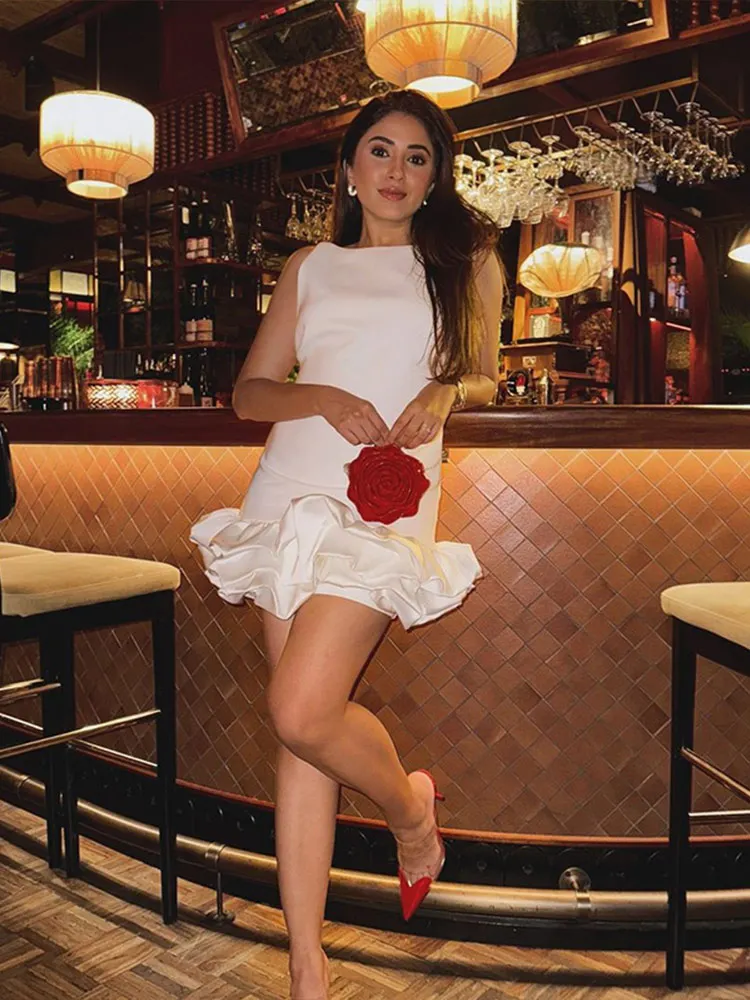 2024 New Elegant White Ruffles Pleated Mini Dress Women Fashion O-neck Sleeveless Slim Vestido Female Chic Party Evening Dresses