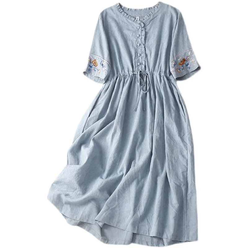 Retro japonês algodão linho Dr feminino solto Ele bordado anti-envelhecimento longo verão Dr cor pura commute Sle V-Ne...