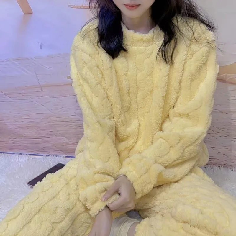 Women's Autumn and Winter Thermal Pajamas Sets Coral Velvet Jacquard Warm Loungewear Female Soft Comfortable Thickened Sleepwear