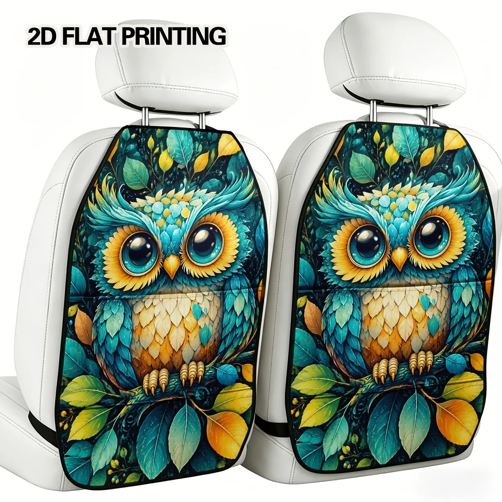 2D Flat, 2pcs Whimsical Autumn Owl Print Versatile Backseat Car Organizer Mats, Back Seat Car Organizer, Foldable Pocket-Style P