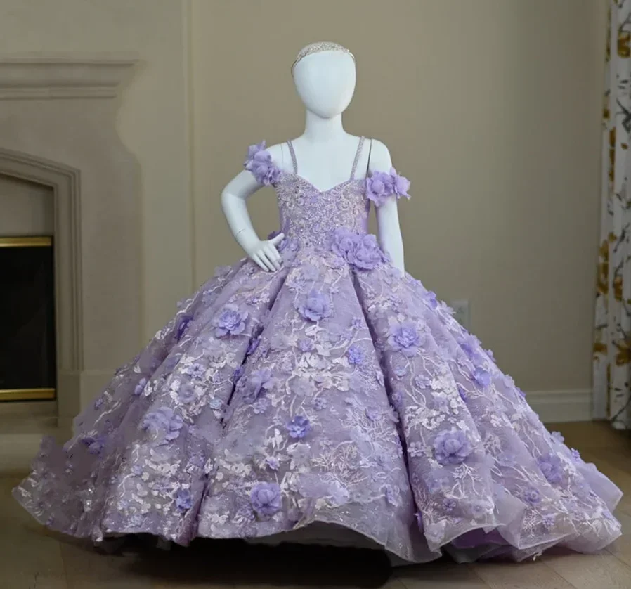 Gaun Gadis Bunga Applique Bunga Lavender untuk Pernikahan Manik Panjang Selantai Gaun Komuni Pertama Pesta Ulang Tahun Anak Perempuan
