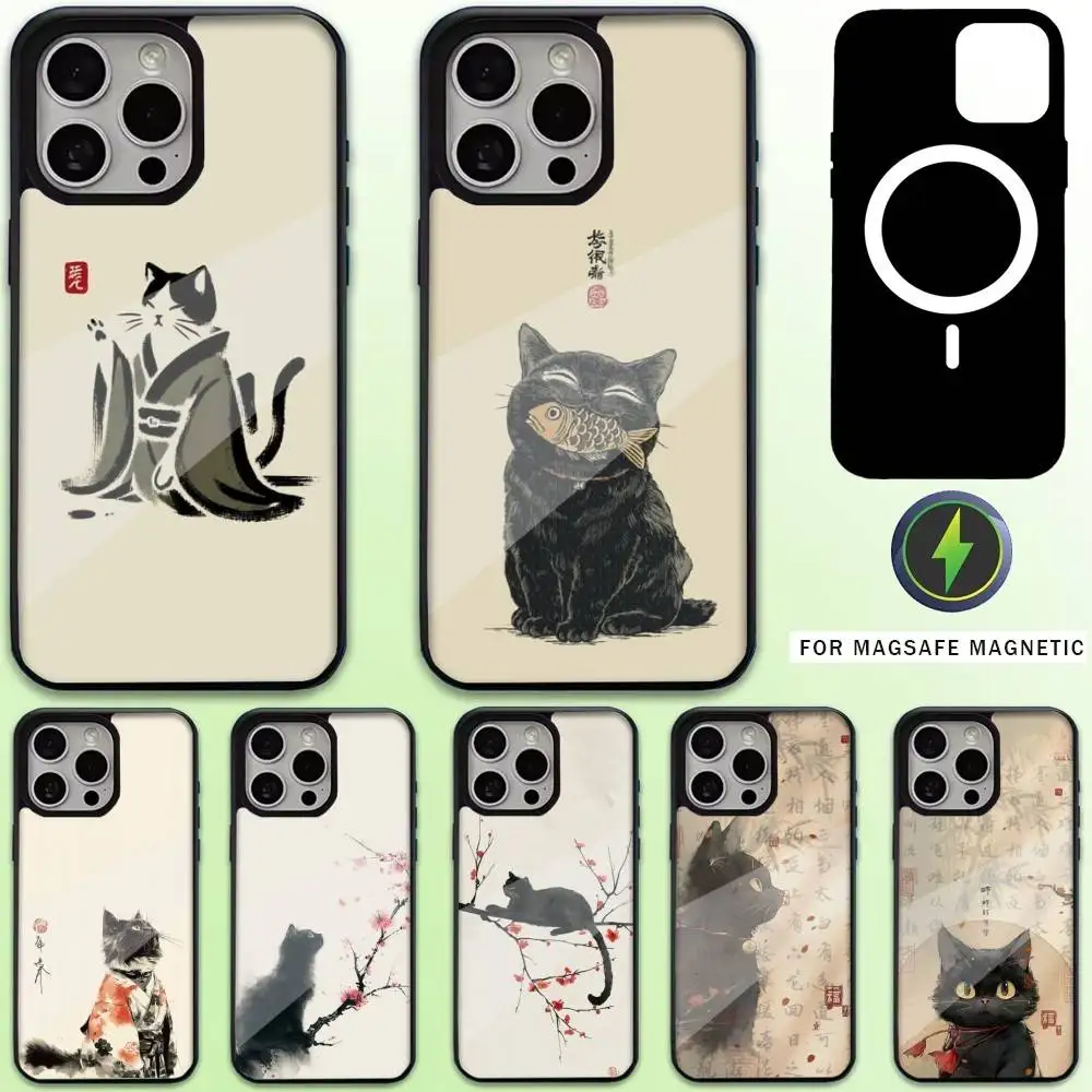 

Oriental Style Black Cat Phone Case For iPhone17,16,15,14,13,12,11 Plus,Pro Max Magnetic For Magsafe Wireless Charging