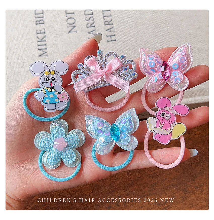 Neue Mode 10 Stück/Set Rosa Blaue Mini-Haargummis Cartoon-Häschen Strass-Krone Pailletten-Schmetterling Herz Elastisches Haarband für Mädchen – Detail 5