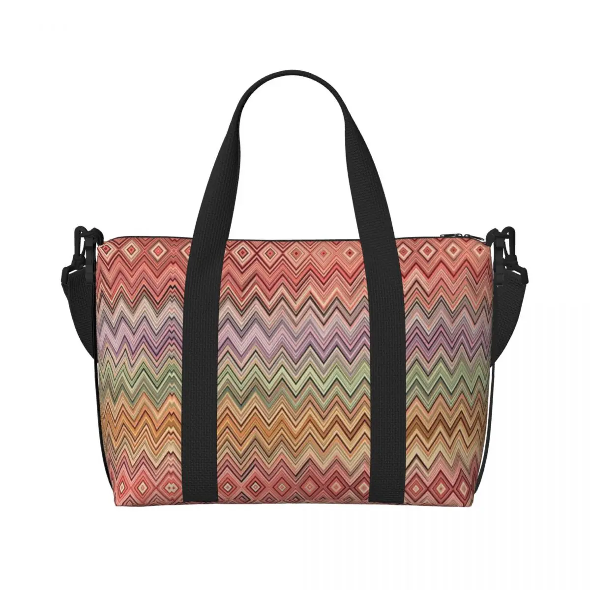 Custom Boho Vintage Contemporary Zig Zag Beach Tote Bag  Women Extra Large Gym Carry On Multicolor Modern Travel Shopping Bags