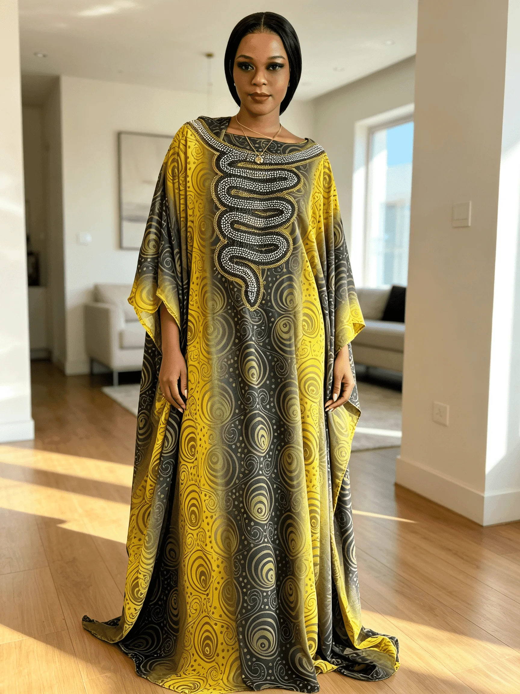 African Plus Size Women Flowy Dashiki Dress Rhinestone Snake Embellished Gradient Black Yellow Chiffon KaftanWith Matching Scarf