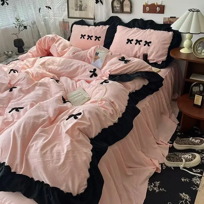 Ins Girl Bow Lace Washed bedding Set Cotton duvet cover set 4 piece with pillowcase with bed line Bed Skirt comforter cover set