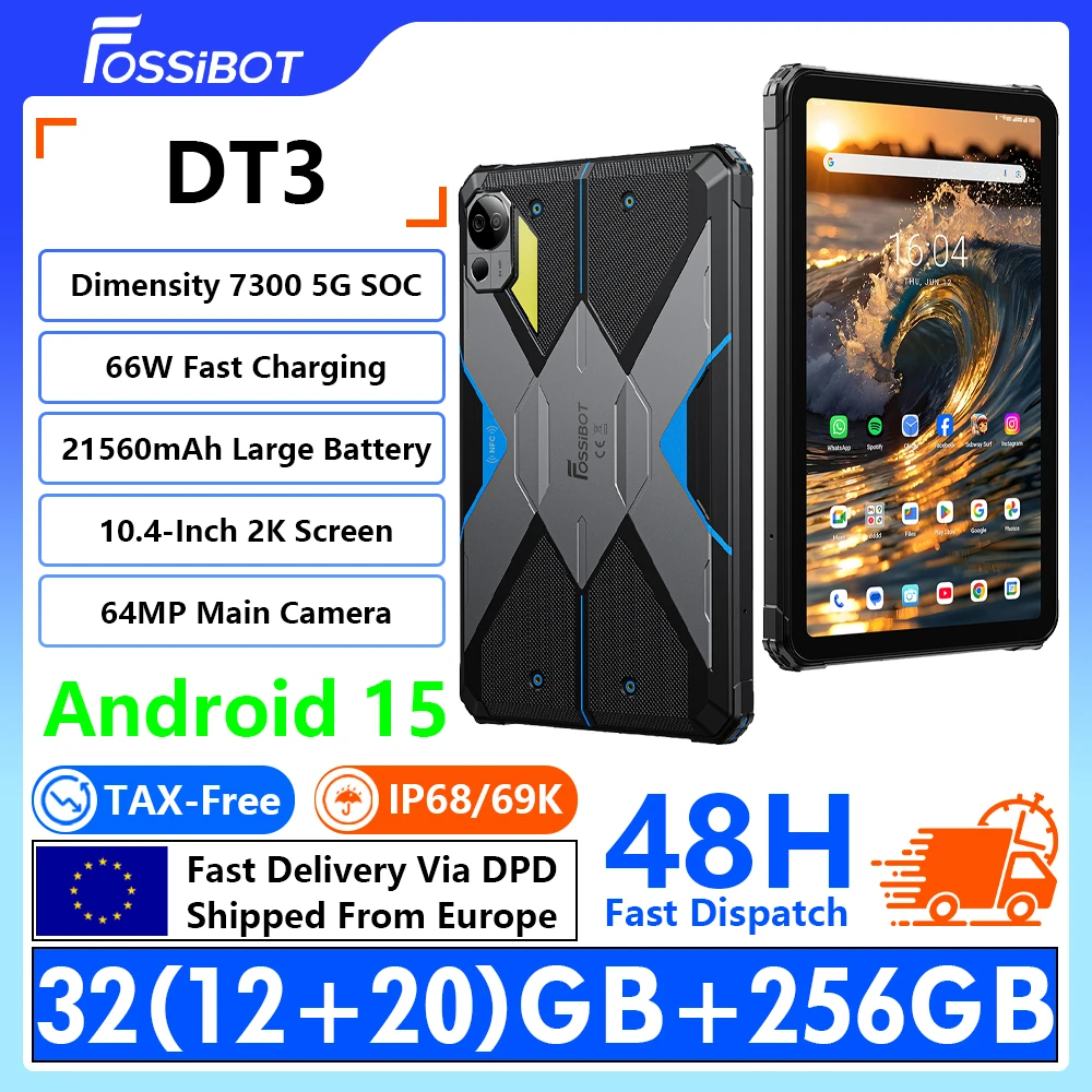 [Versand aus Europa] FOSSIBOT DT3 5G Robustes Tablet Dimensity 7300 5G 10,4 Zoll 2K Display 32(12+20)GB+256GB 21560mAh Akku 66W Schnellladung Android 15 64MP+32MP Kamera WiFi 6 IP68/69K
