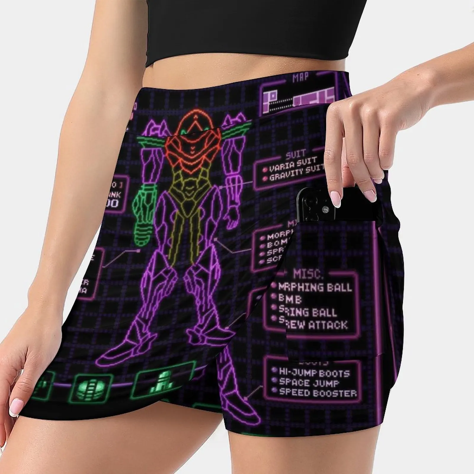 Sammy Stats Women's skirt Mini Skirts A Line Skirt With Hide Pocket Metroid Samus Aran Space Computers Super Vaporwave Retrowave