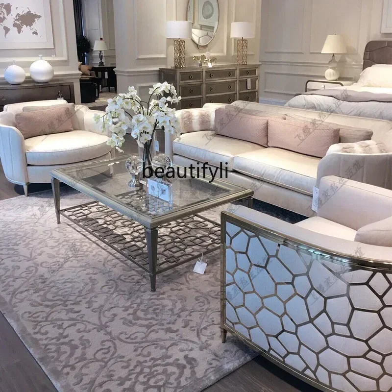 M178 American living room light luxury solid wood rectangular stainless steel hollow tempered glass coffee table